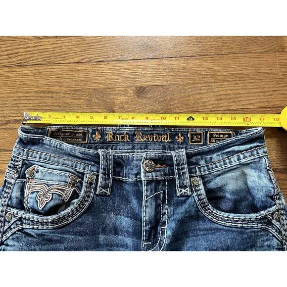 Rock Revival Jeans Men's 32x30 Selwyn Leather Insert Star Slim Taper Distressed - Picture 14 of 16